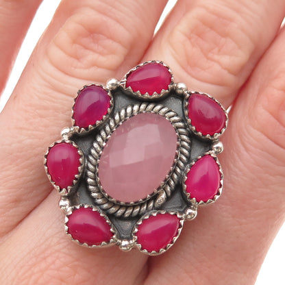925 Sterling Silver Vintage Real Rose Quartz Pink Onyx Adjustable Ring Size 8.25