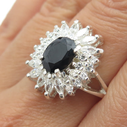 925 Sterling Silver Real Black Spinel Gemstone & C Z Ring Size 8