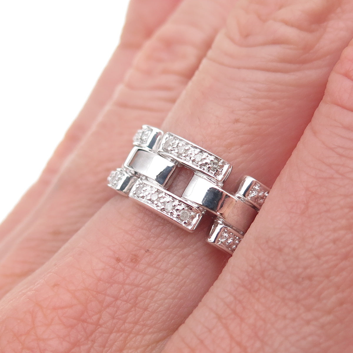 925 Sterling Silver Real Round-Cut Diamond Chain Link Ring Size 8