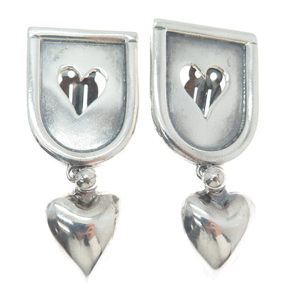 925 Sterling Vintage Mexico Modernist Heart Oxidized Clip On Dangle Earrings