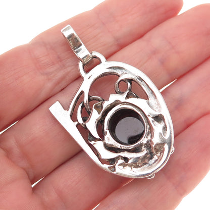 925 Sterling Silver Vintage Real Garnet Modernist Floral Oxidized Charm Pendant