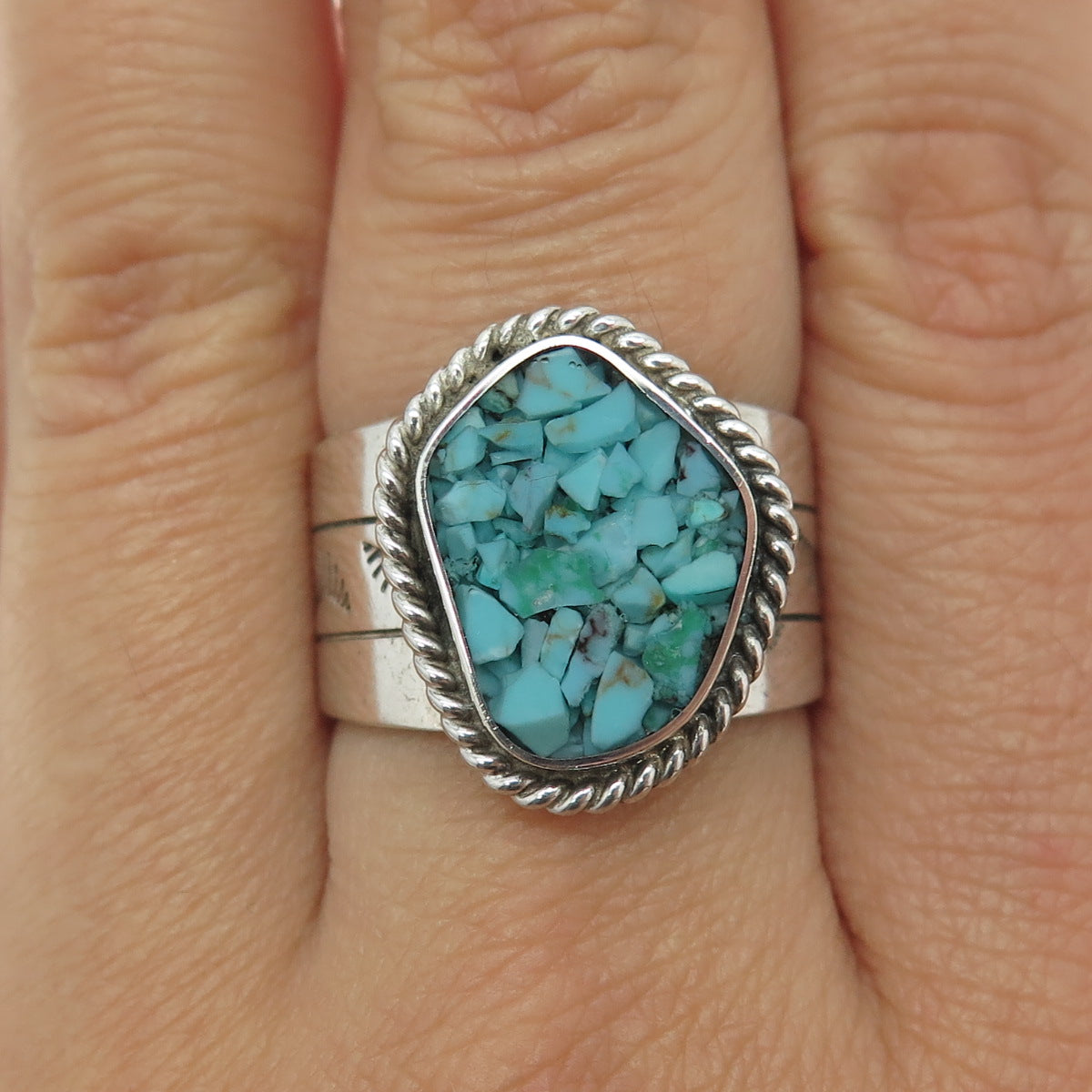 925 Sterling Silver Vintage Real Turquoise Inlay Ring Size 9