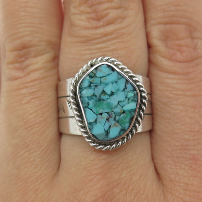 925 Sterling Silver Vintage Real Turquoise Inlay Ring Size 9