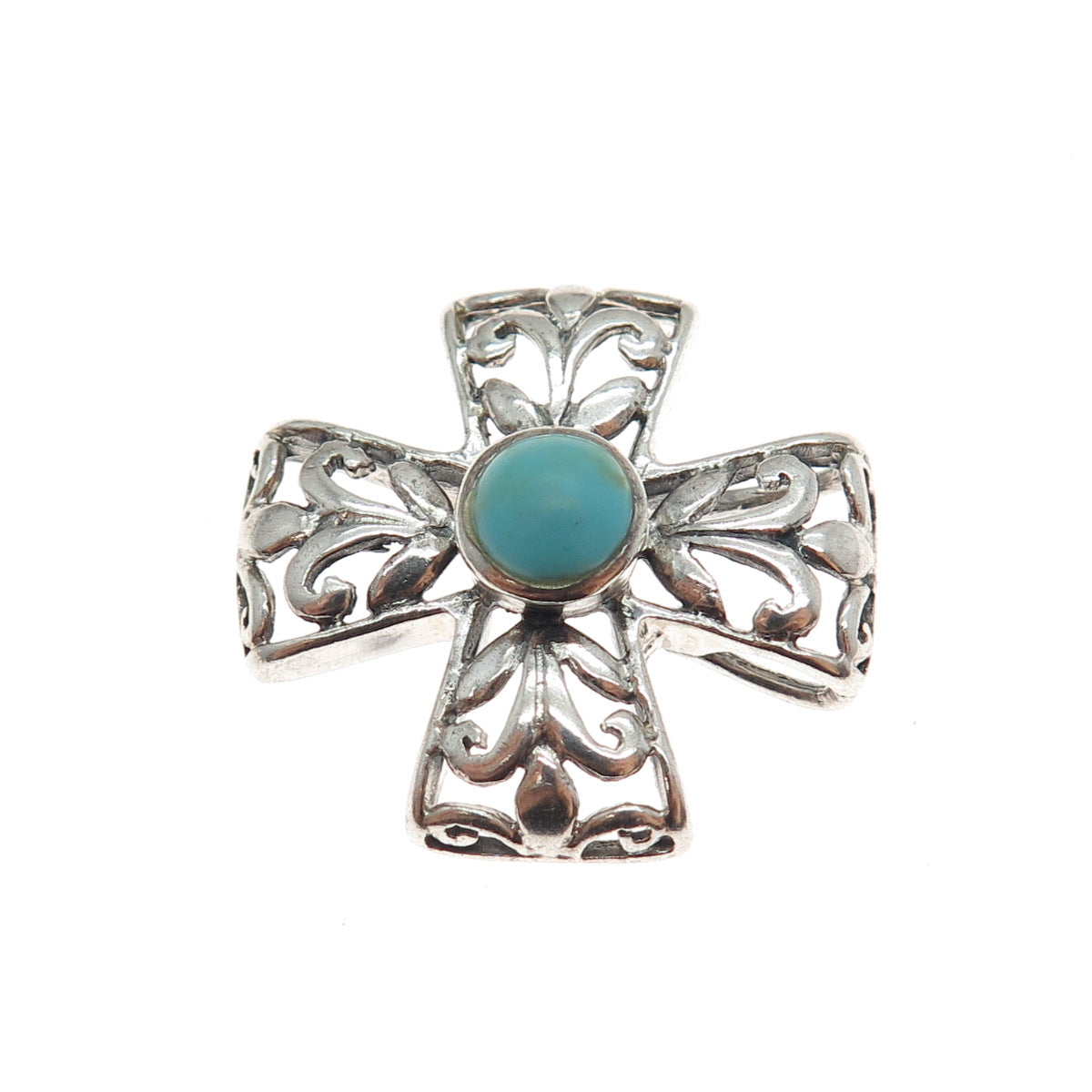 KEN CRAFTS 925 Sterling Silver Vintage Real Turquoise Ornate Cross Slide Pendant