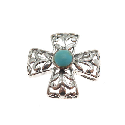 KEN CRAFTS 925 Sterling Silver Vintage Real Turquoise Ornate Cross Slide Pendant