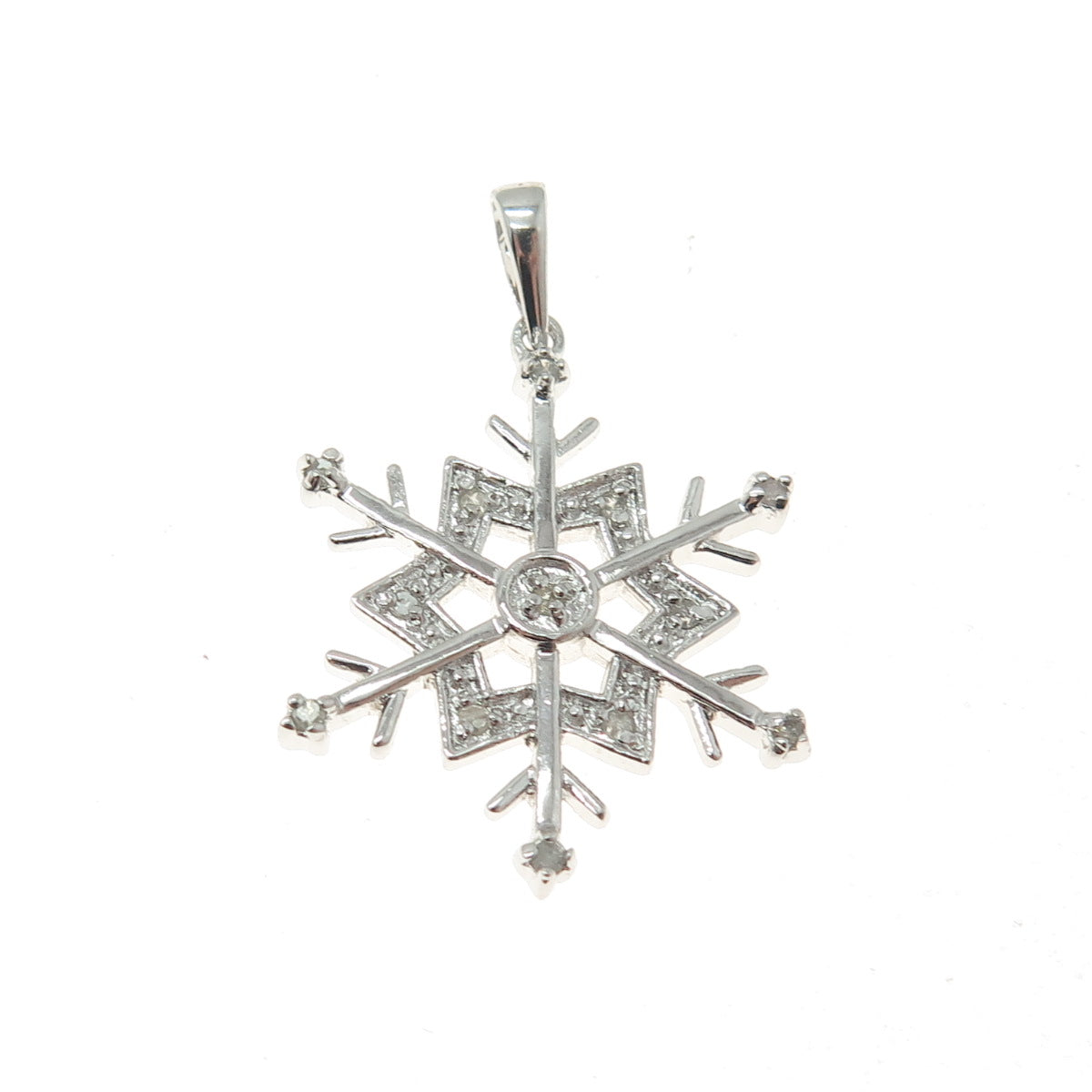 925 Sterling Silver Real Round-Cut Diamond Snowflake Minimalist Pendant