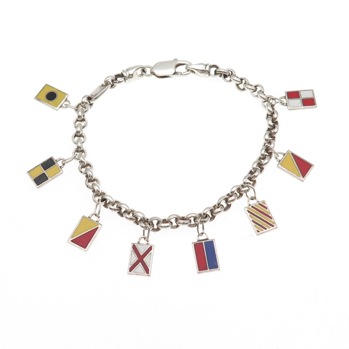 925 Sterling Silver Vintage London Ship’s Flags I Love You Charm Bracelet 7.75"