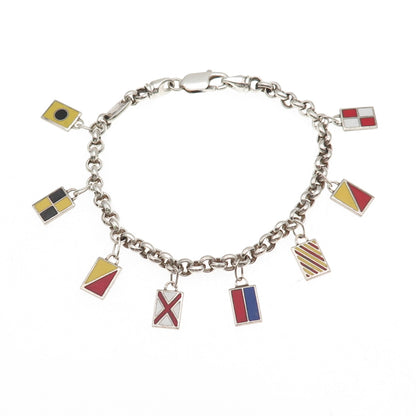 925 Sterling Silver Vintage London Ship’s Flags I Love You Charm Bracelet 7.75"