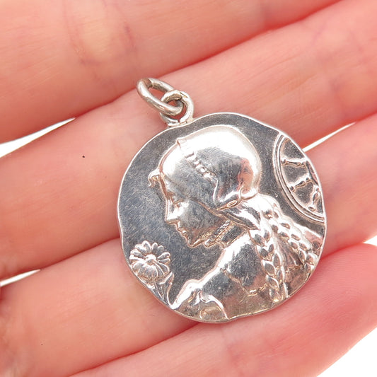 800 Silver Antique Art Deco Lady Cameo Coin Oxidized Charm Pendant