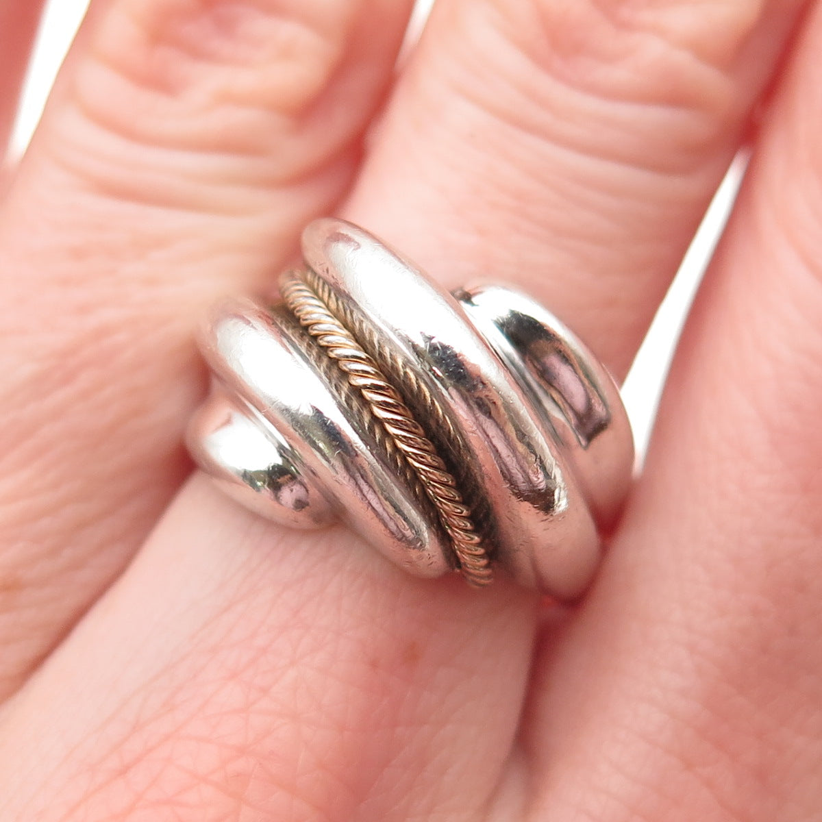 925 Sterling Silver 14K Gold Vintage MR Artisan Modernist Ring Size 8.25