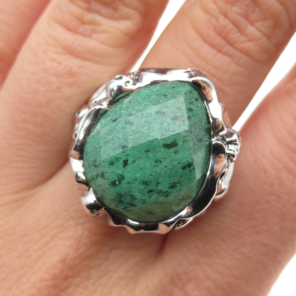 925 Sterling Silver Vintage Real Aventurine Skull Oxidized Ring Size 9