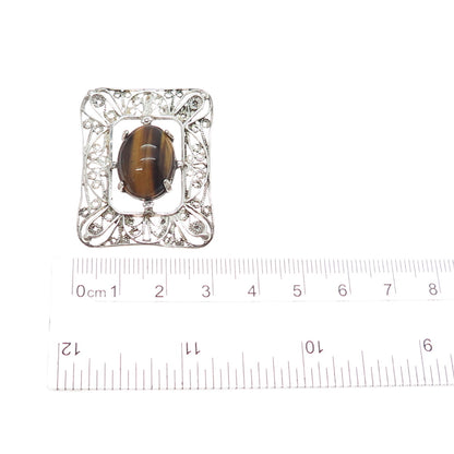 925 Sterling Silver Vintage Real Tiger Eye Floral Filigree Slide Pendant