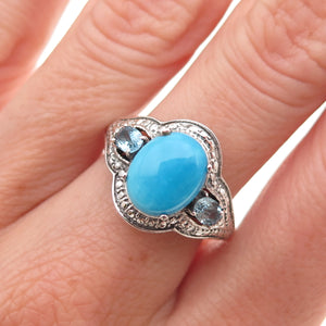 Chuck Clemency 925 Sterling Silver Real Turquoise & Blue Topaz Ring Size 7.25