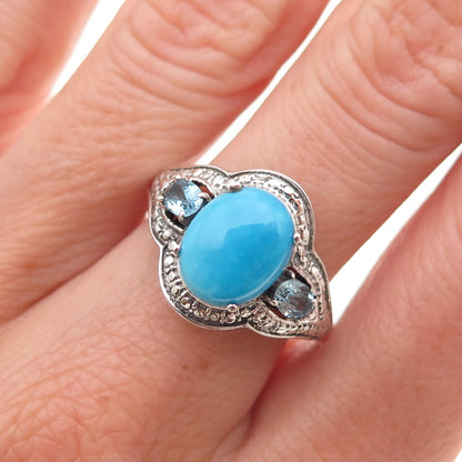 Chuck Clemency 925 Sterling Silver Real Turquoise & Blue Topaz Ring Size 7.25
