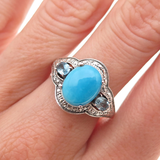 Chuck Clemency 925 Sterling Silver Real Turquoise & Blue Topaz Ring Size 7.25