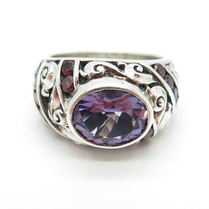 925 Sterling Silver Vintage Real Amethyst & Red Garnet Swirl Ring Size 7