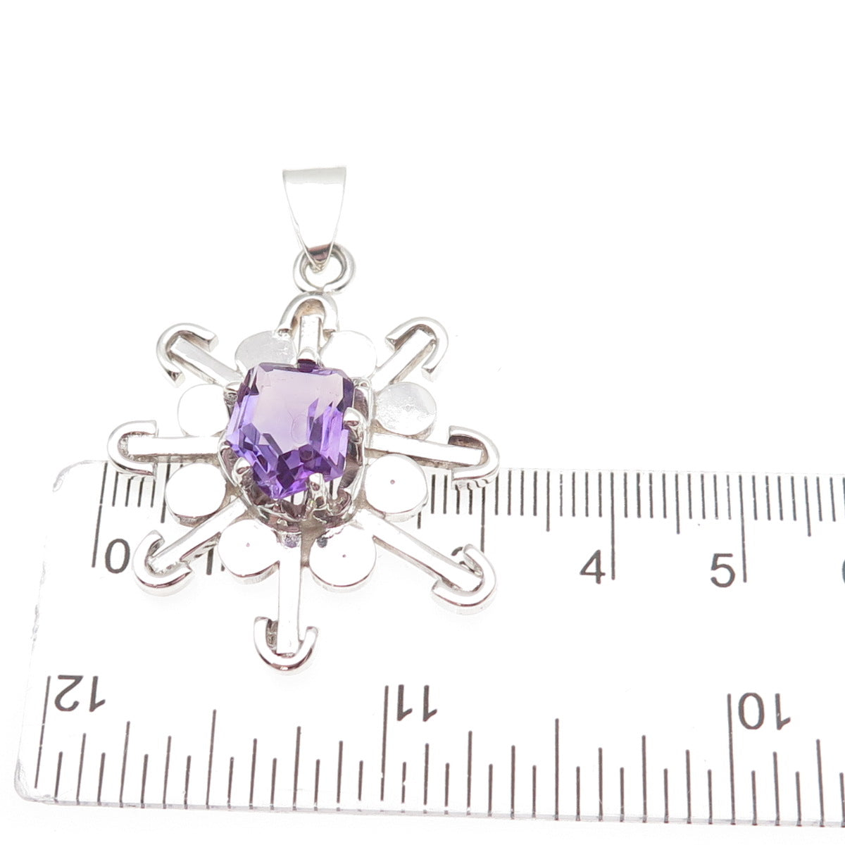 925 Sterling Silver Vintage Mexico Real Amethyst Modernist Charm Pendant