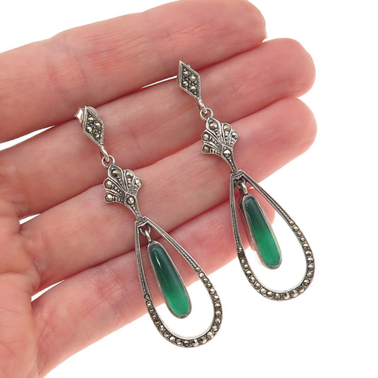 925 Sterling Silver Vintage Real Green Onyx & Marcasite Dangle Earrings