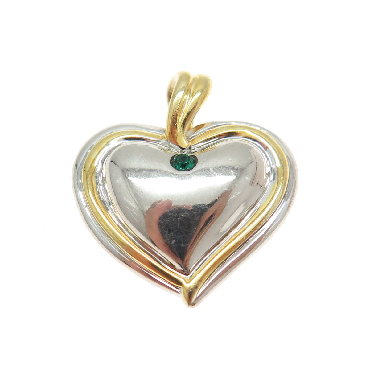 925 Sterling Silver 2-Tone Green Rhinestone Heart Pendant