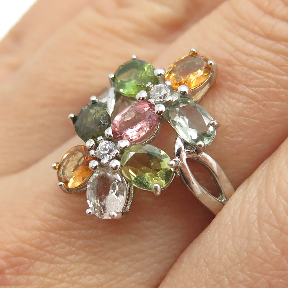 925 Sterling Silver Real Multi-Color Tourmaline & White Topaz Ring Size 9