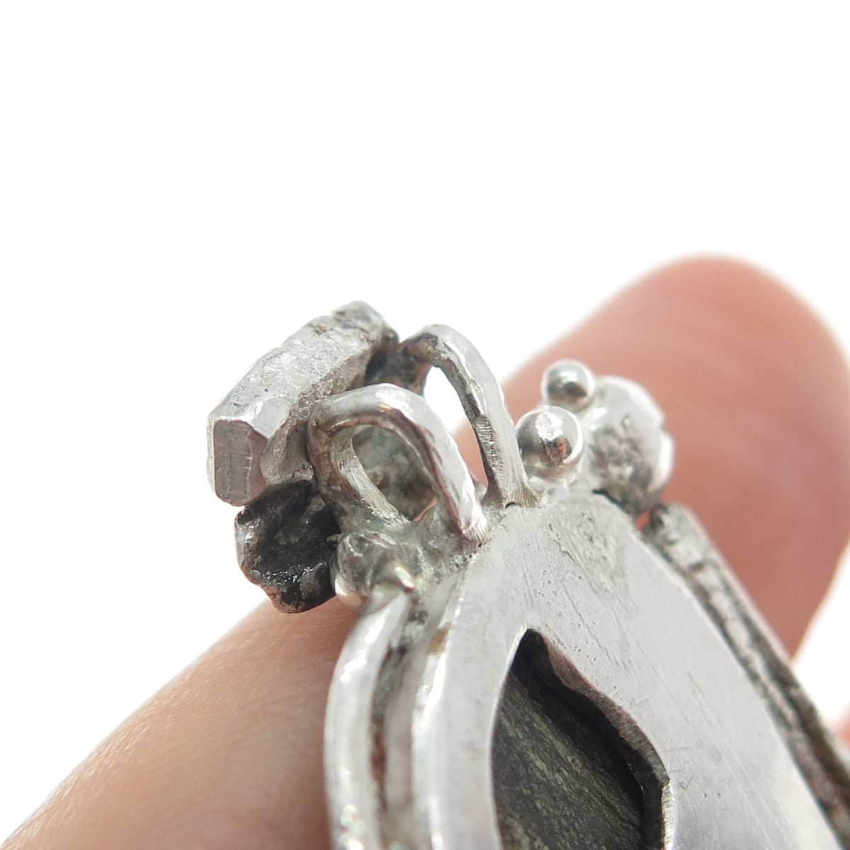 925 Sterling Silver Vintage Real Pyrite Agate Gem Modernist Slide Pendant