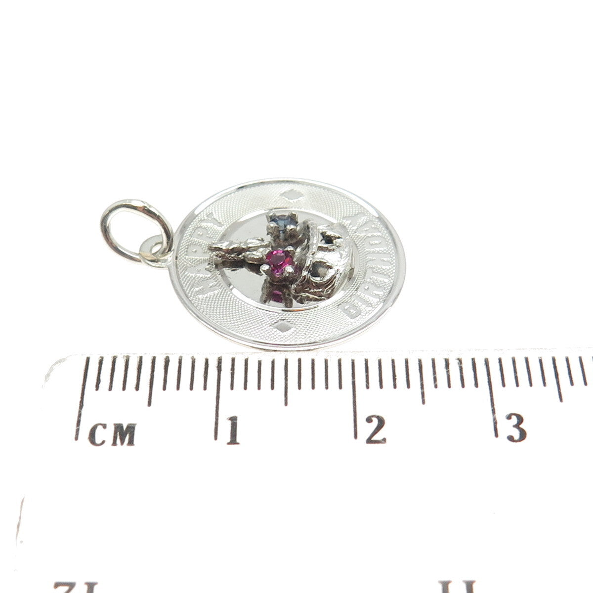 925 Sterling Silver Vintage Blue & Pink Rhinestone "Happy Birthday" Cake Pendant