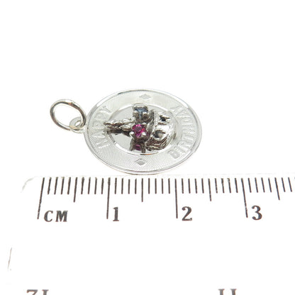 925 Sterling Silver Vintage Blue & Pink Rhinestone "Happy Birthday" Cake Pendant