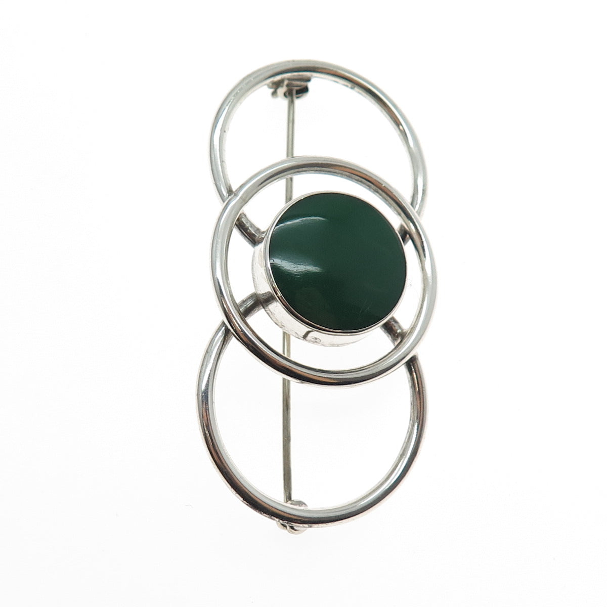 925 Sterling Silver Vintage Mexico Real Green Onyx Interlocked Circle Pin Brooch