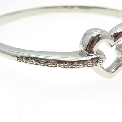 925 Sterling Silver Real Round-Cut Diamond Heart Bangle Bracelet 7.25"