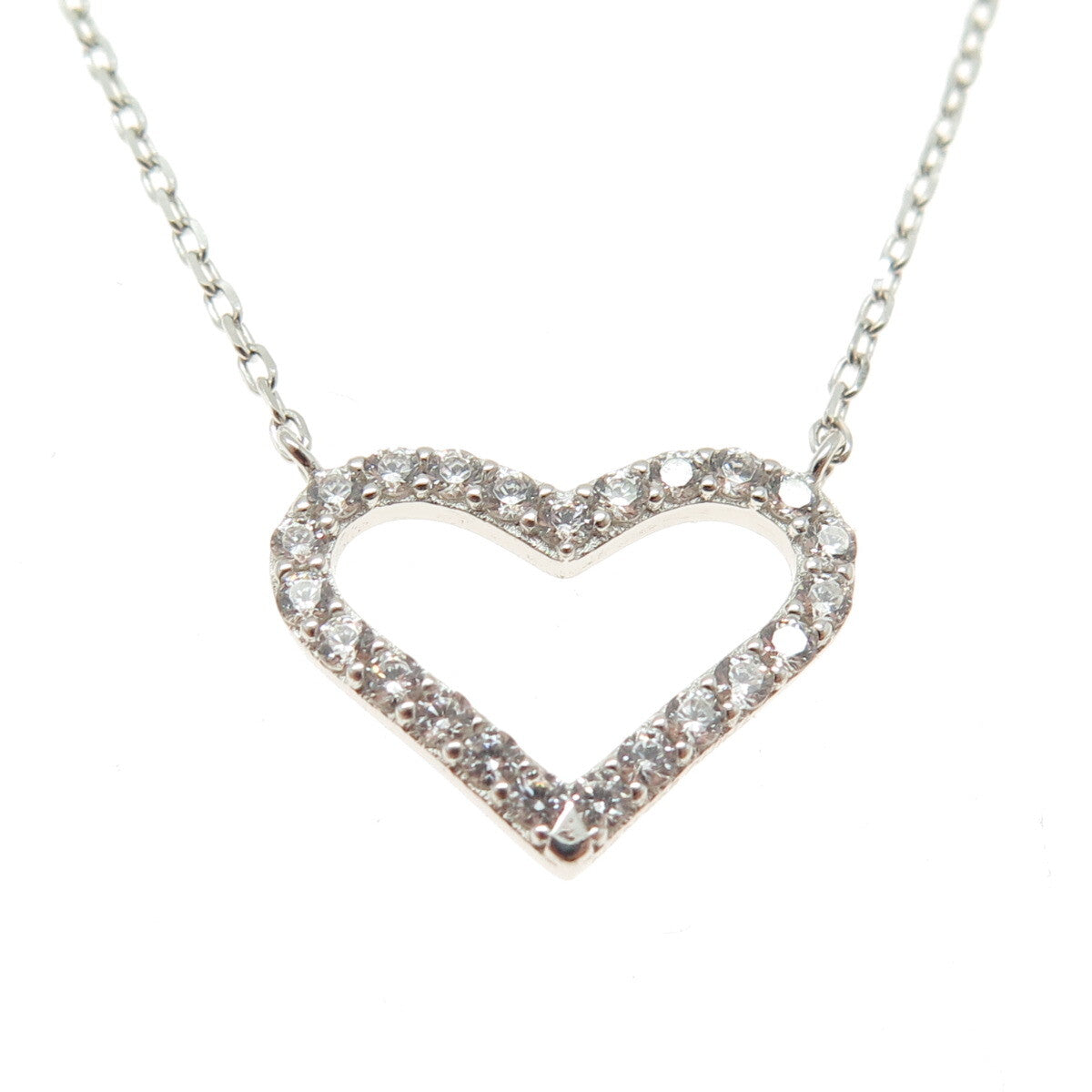 HAN 925 Sterling Silver Round-Cut Shaped C Z Heart Cable Chain Necklace 16-18"