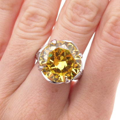 925 Sterling Silver Round-Cut Canary & White C Z Statement Ring Size 7.25