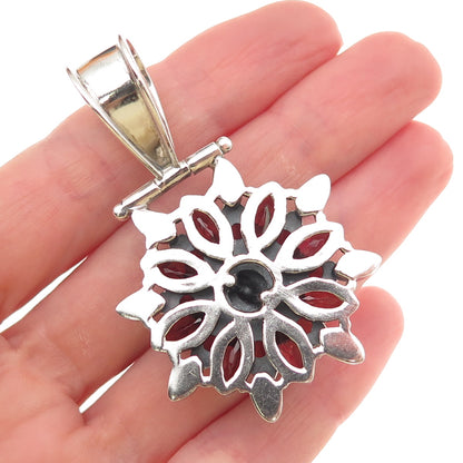 925 Sterling Silver Vintage Real Red Garnet Floral Cluster Pendant