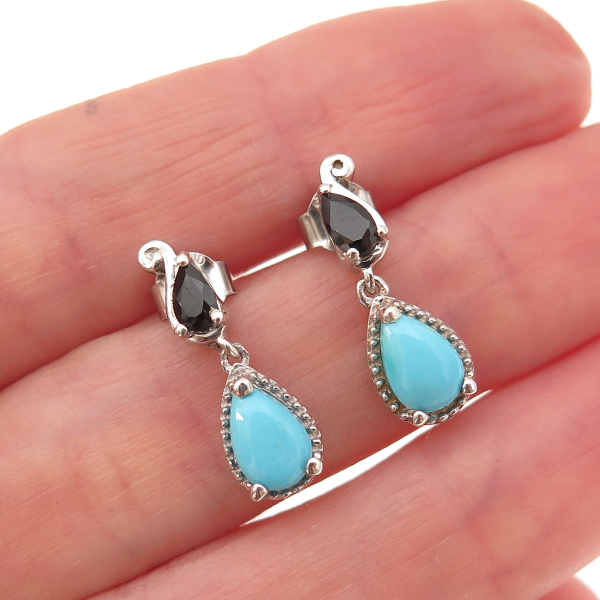 Chuck Clemency 925 Sterling Silver Real Turquoise & Black Spinel Dangle Earrings