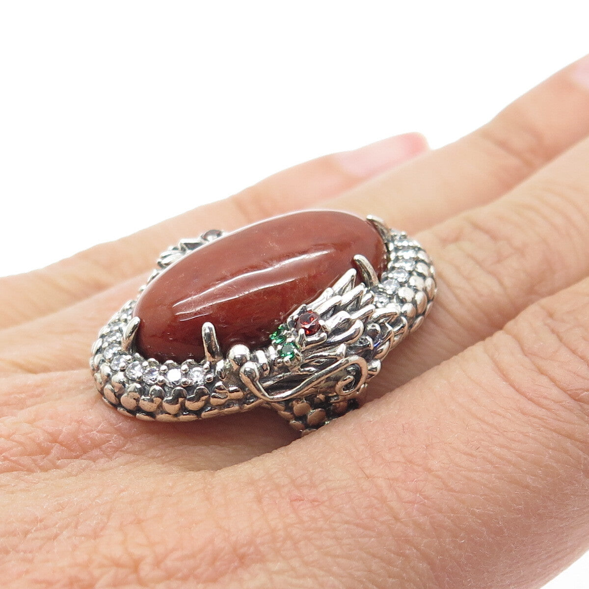 925 Sterling Silver Vintage Jasper Chrome Diopside Garnet & C Z Ring Size 8.25