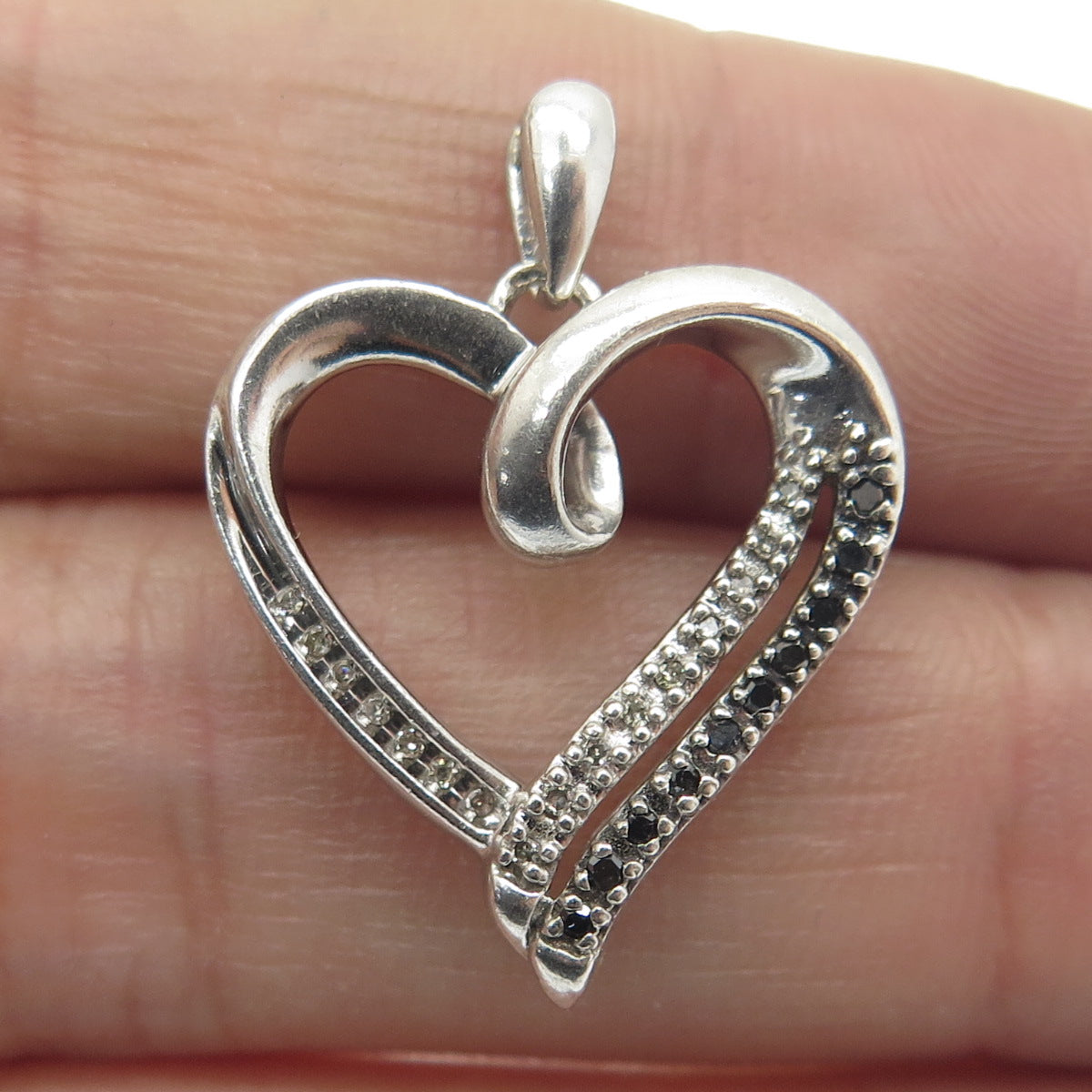 925 Sterling Silver Real Round-Cut Black & White Diamond Heart Charm Pendant