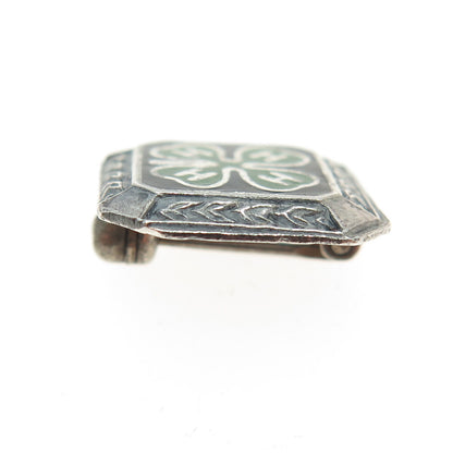 925 Sterling Silver Vintage Enamel 4-H Club Membership Achievement Pin Brooch