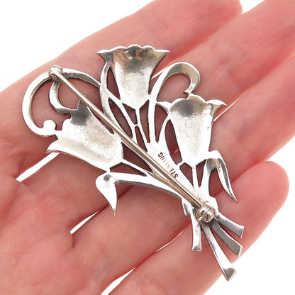 925 Sterling Silver Antique Art Deco Real Marcasite Floral Oxidized Pin Brooch