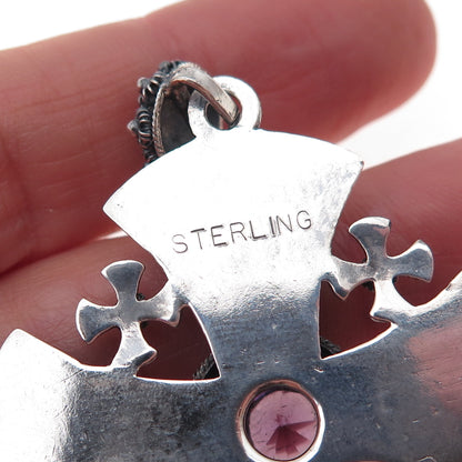 925 Sterling Silver Vintage Lab-Created Peacock Sapphire Jerusalem Cross Pendant