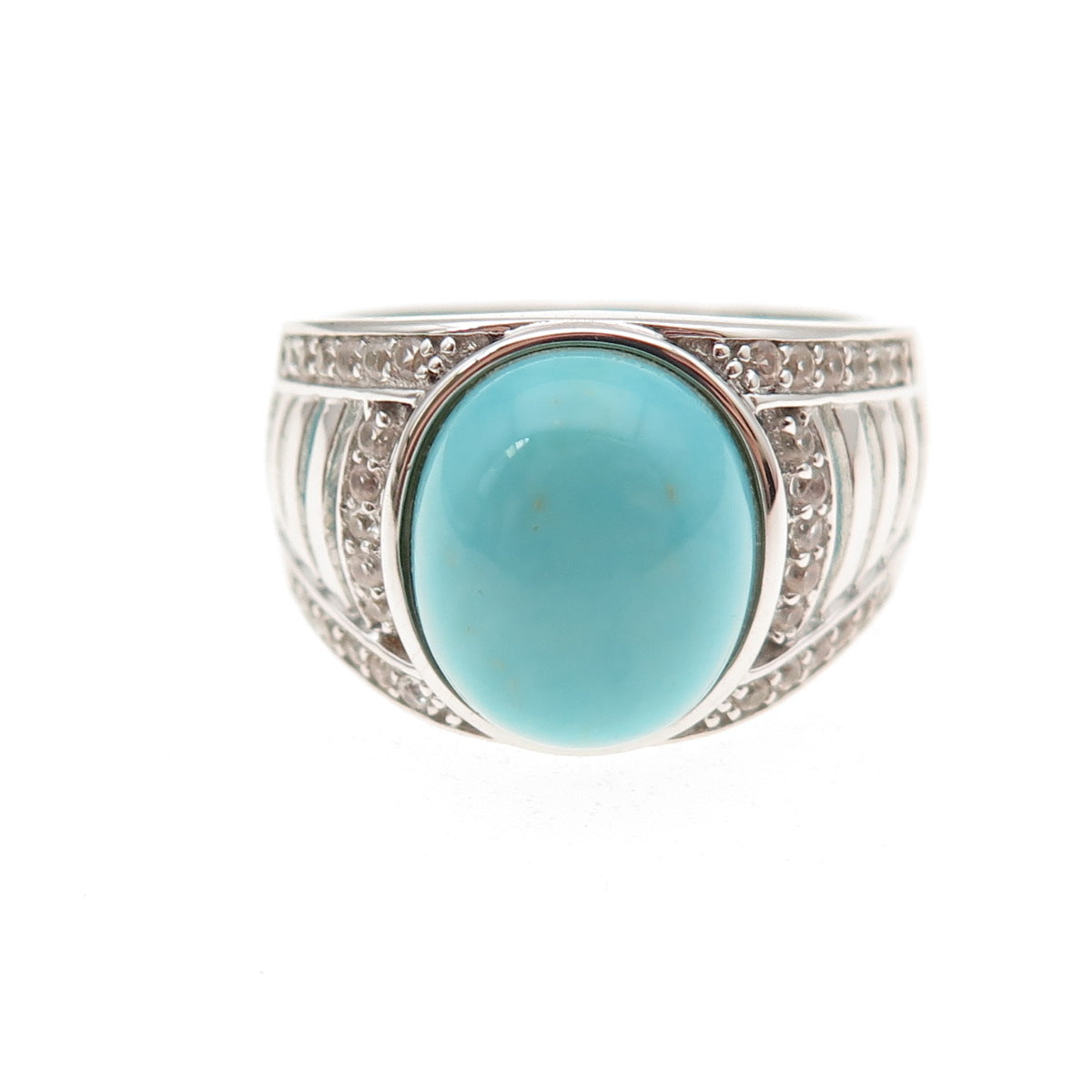 925 Sterling Silver Real Tyrone Turquoise & White Topaz Ring Size 8.25