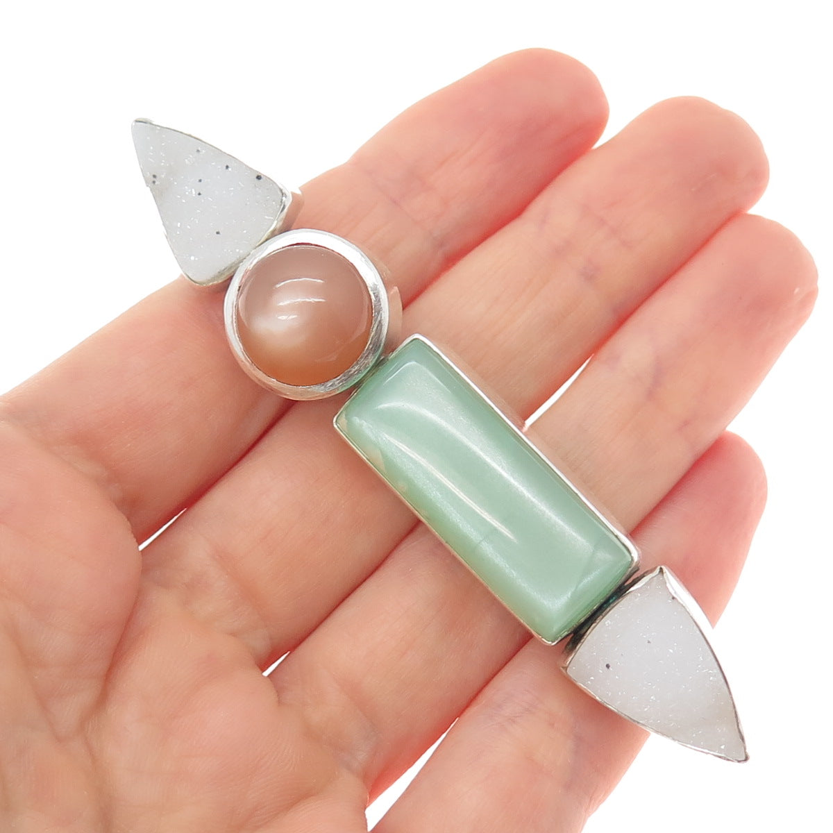 JODIE ARAGONA 925 Sterling Vintage Real Druzy & Optic Fiber Cat's Eye Pin Brooch