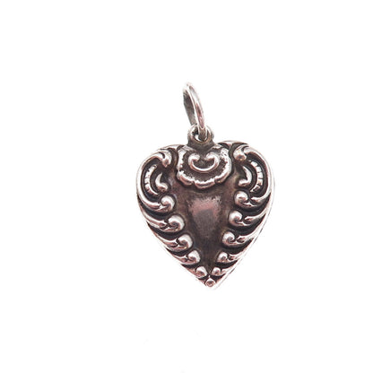 925 Sterling Silver Antique Art Deco Engraved Chatelaine Heart Charm Pendant