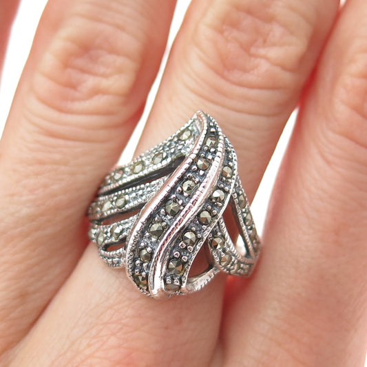925 Sterling Silver Vintage Real Marcasite Flame Oxidized Ring Size 8.75