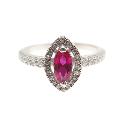 925 Sterling Silver Vintage Marquise-Cut Lab-Created Ruby & C Z Ring Size 9
