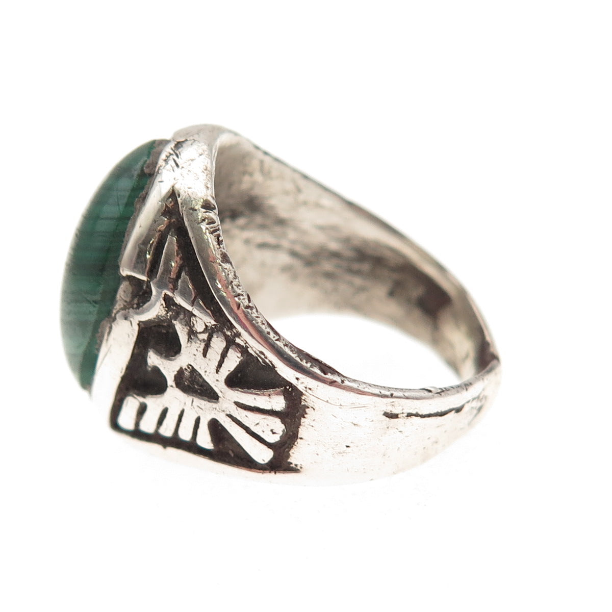 Old Pawn 925 Sterling Silver Vintage Malachite Thunderbird Tribal Ring Size 7