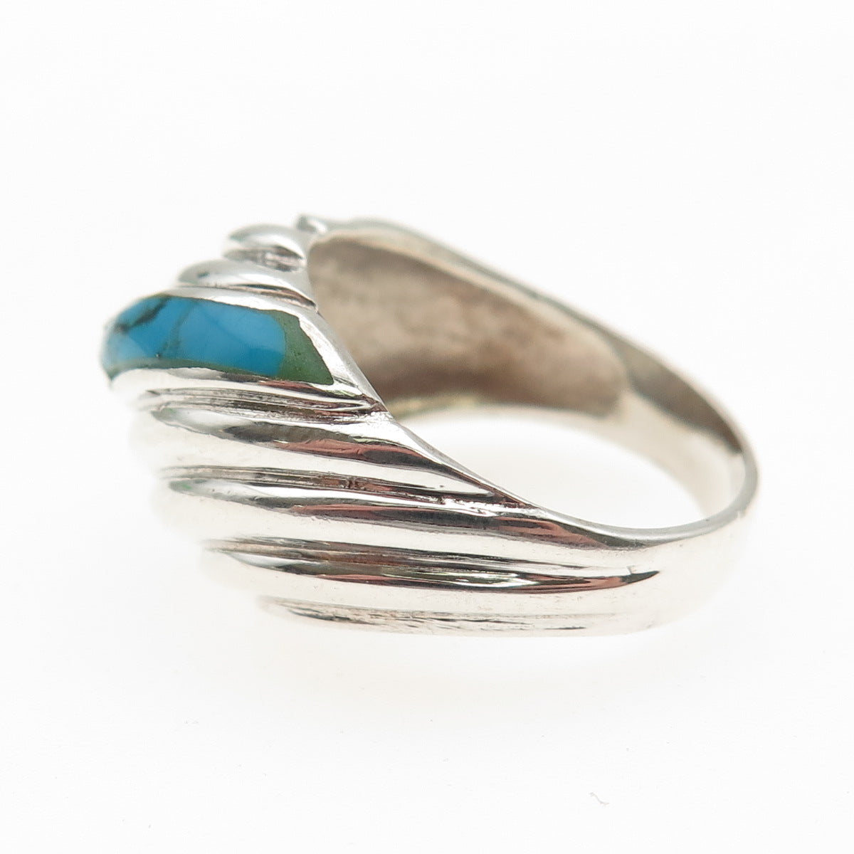 925 Sterling Silver Vintage Real Turquoise Modernist Ribbed Ring Size 9.5