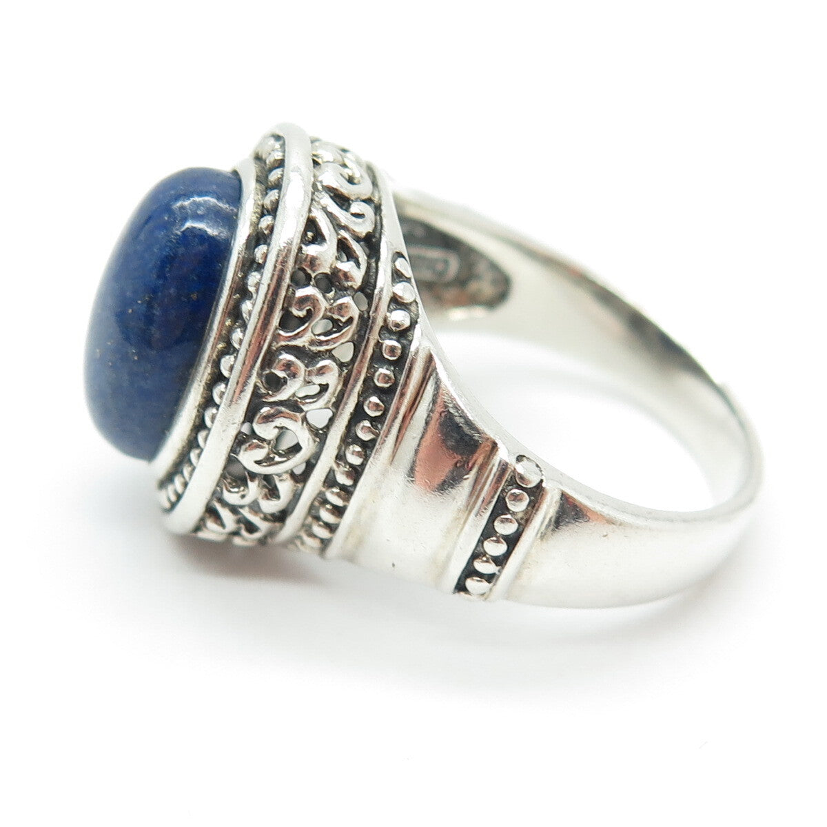 925 Sterling Silver Vintage Real Lapis Granulated Oxidized Ring Size 10.25