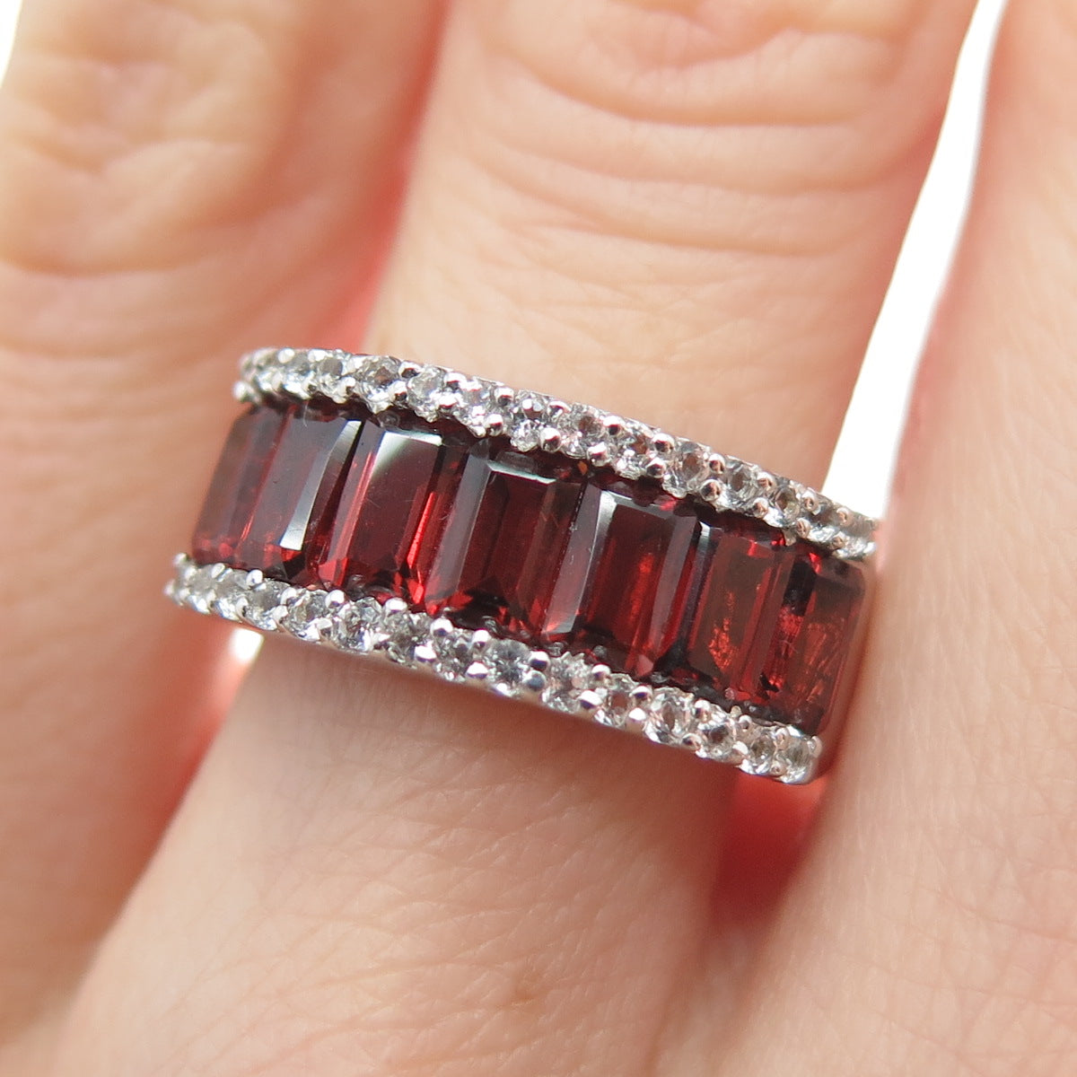 925 Sterling Silver Real Emerald-Cut Red Garnet C Z Half Eternity Ring Size 5.5