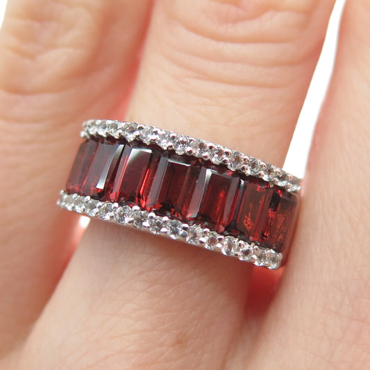 925 Sterling Silver Real Emerald-Cut Red Garnet C Z Half Eternity Ring Size 5.5