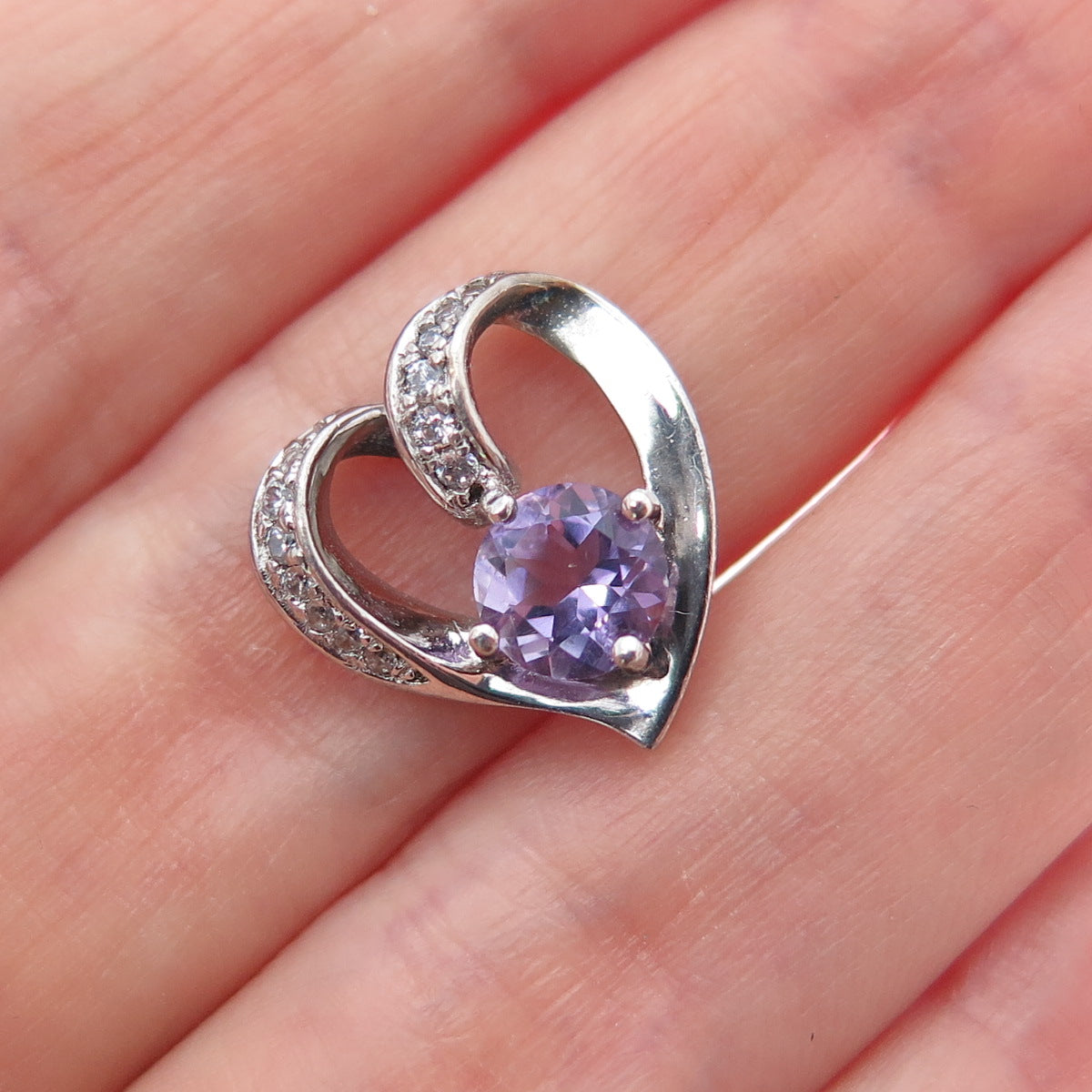 925 Sterling Silver Real Amethyst & C Z Heart Minimalist Charm Pendant