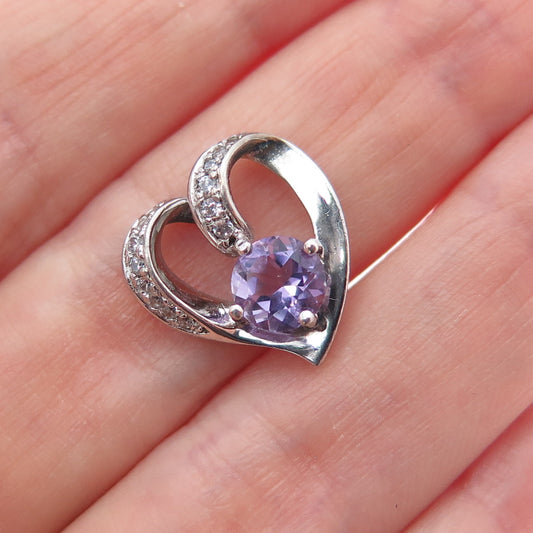 925 Sterling Silver Real Amethyst & C Z Heart Minimalist Charm Pendant